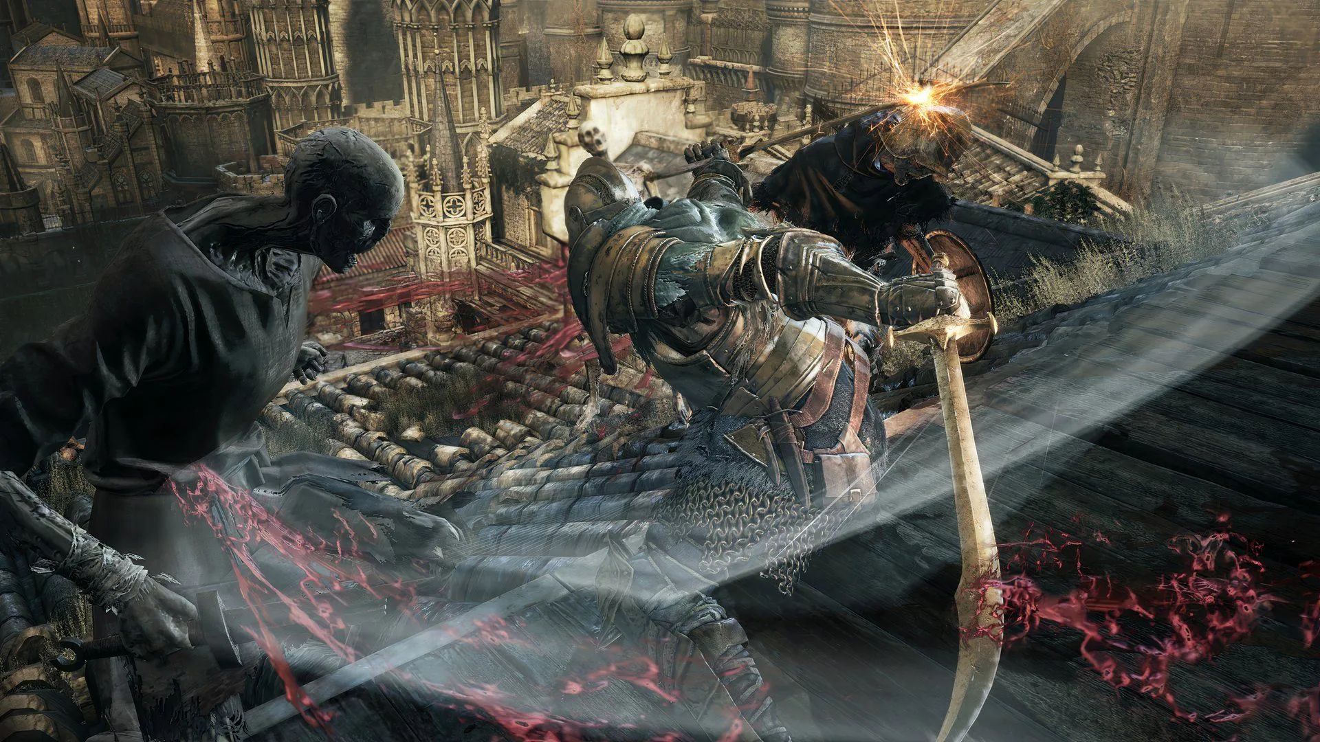 Một người chơi chiến đấu với nhiều kẻ thù trong Dark Souls III, minh họa độ khó cao và đòi hỏi kỹ năng.