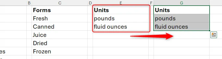 Một nhóm ô trong Excel được sao chép bằng cách giữ Ctrl và kéo thả.