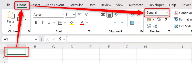 Một ô trong Excel được chọn, hiển thị định dạng số General trong tab Home.