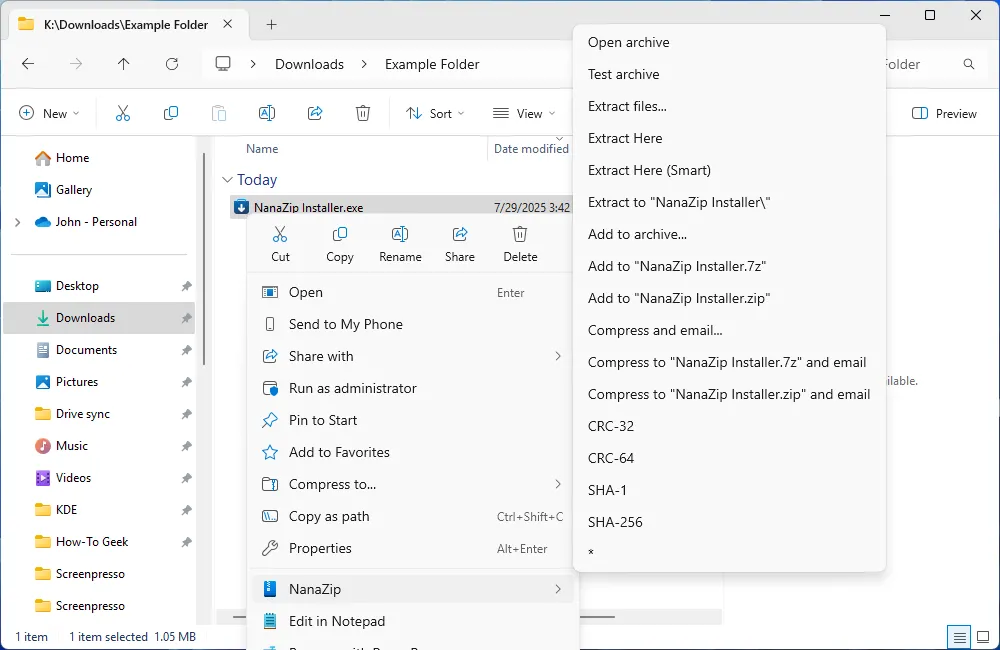 NanaZip được tích hợp liền mạch vào menu ngữ cảnh chuột phải của Windows 11