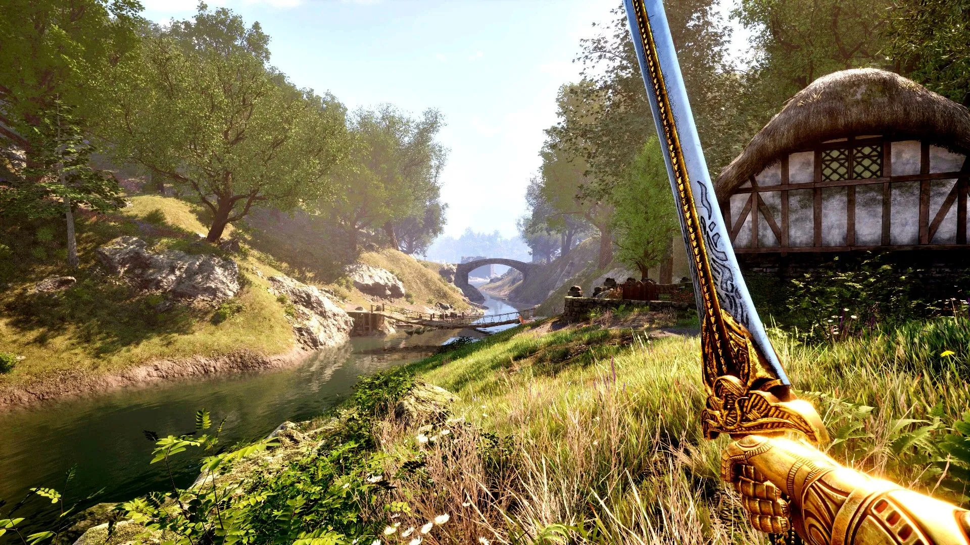 Người chơi cầm kiếm đứng bên sông trong thế giới The Elder Scrolls IV Oblivion Remastered