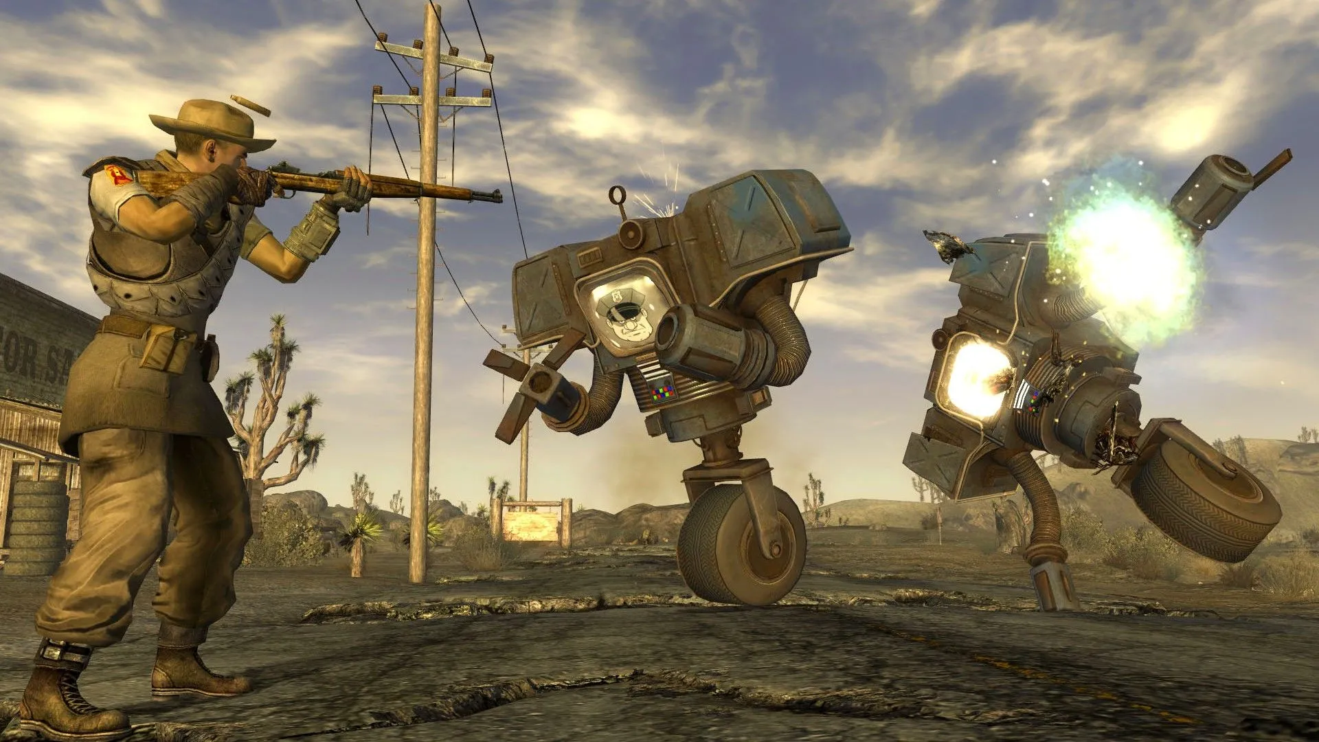 Người chơi đối đầu với Securitron trong Fallout: New Vegas, bối cảnh thế giới hậu tận thế đặc trưng của dòng game.