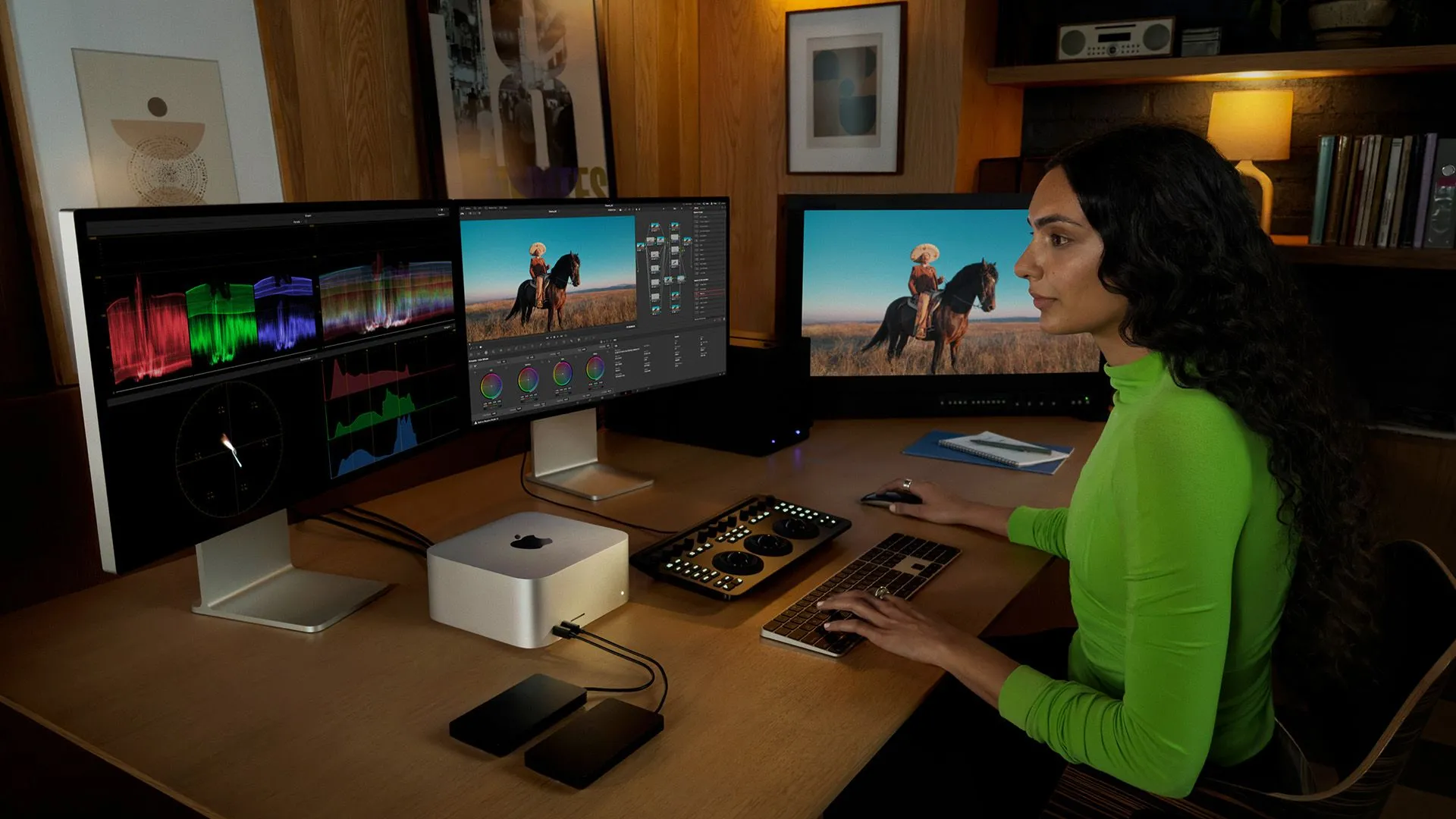 Người dùng đang chỉnh sửa video trên Mac Studio với thiết lập hai màn hình, một trong số đó là Apple Studio Display