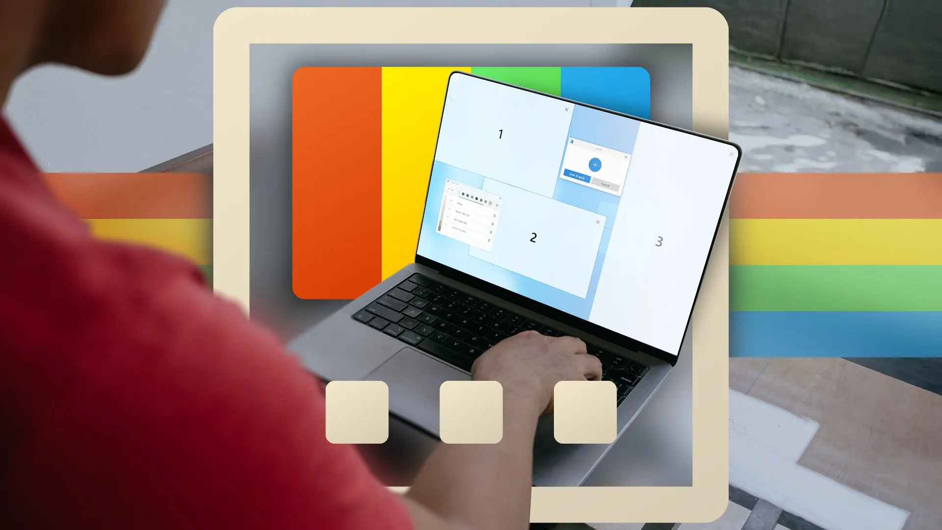 Người dùng đang sử dụng laptop với tính năng FancyZones của PowerToys để sắp xếp cửa sổ làm việc.