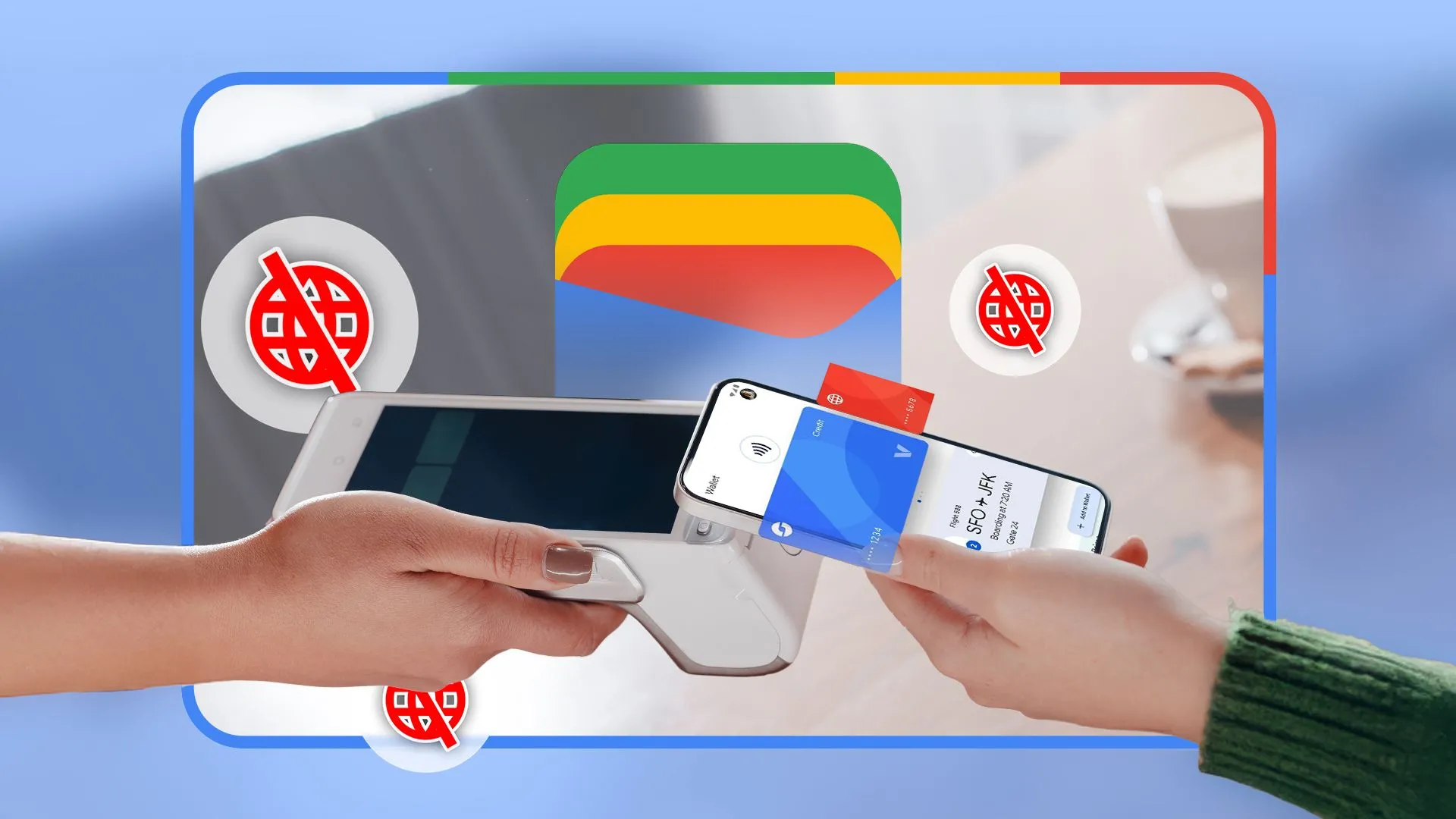 Người dùng thanh toán không tiếp xúc qua Google Wallet bằng điện thoại tại máy POS có biểu tượng NFC, nhấn mạnh tính năng không cần internet