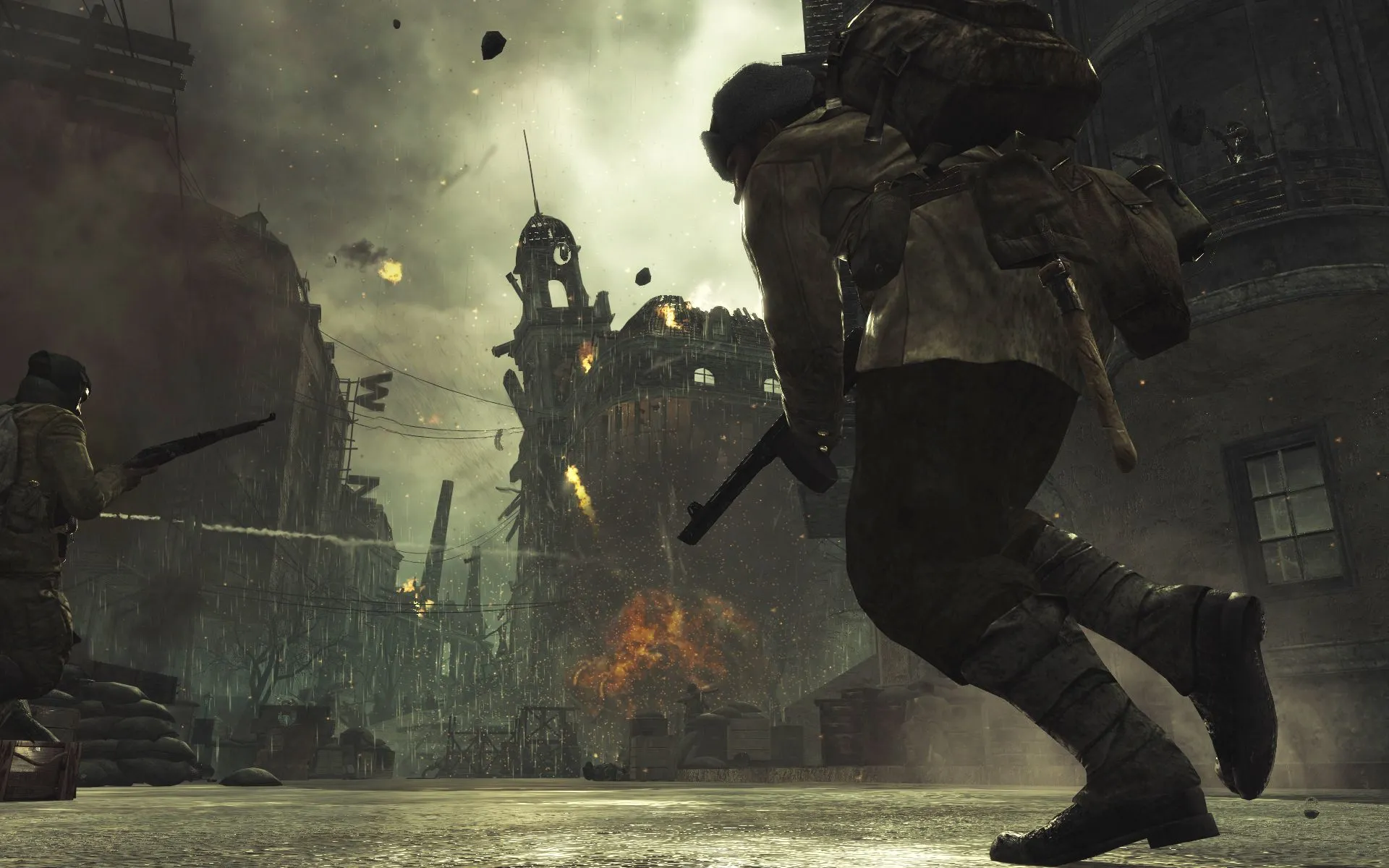 Người lính Mỹ trong Call of Duty: World at War ẩn nấp trong chiến hào giữa làn đạn khốc liệt, gợi lên sự tàn khốc của chế độ Veteran