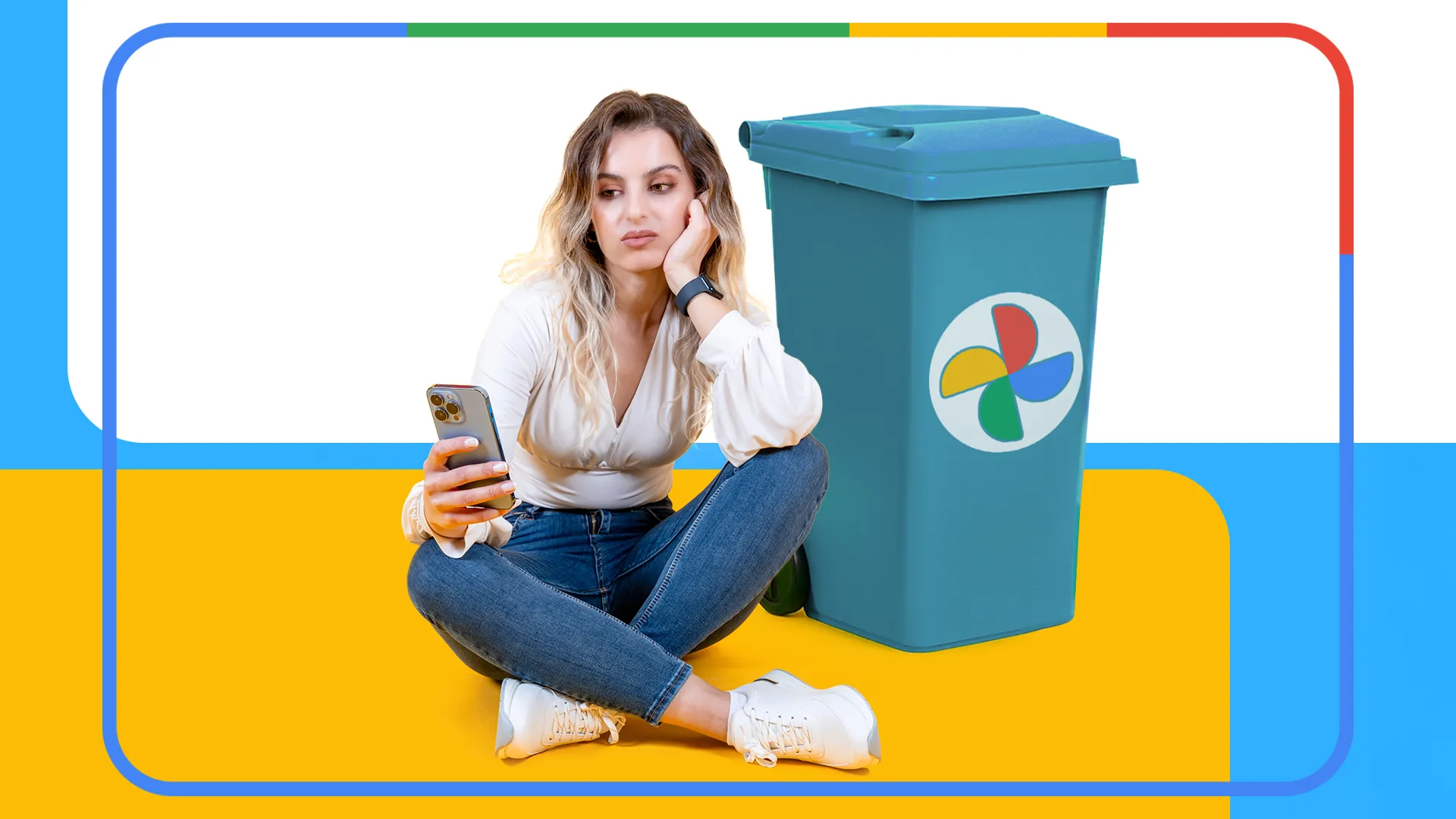 Người phụ nữ tỏ vẻ khó chịu khi xem điện thoại, cạnh đó là thùng rác biểu tượng Google Photos, minh họa sự bực bội khi quản lý ảnh chụp màn hình tốn dung lượng.
