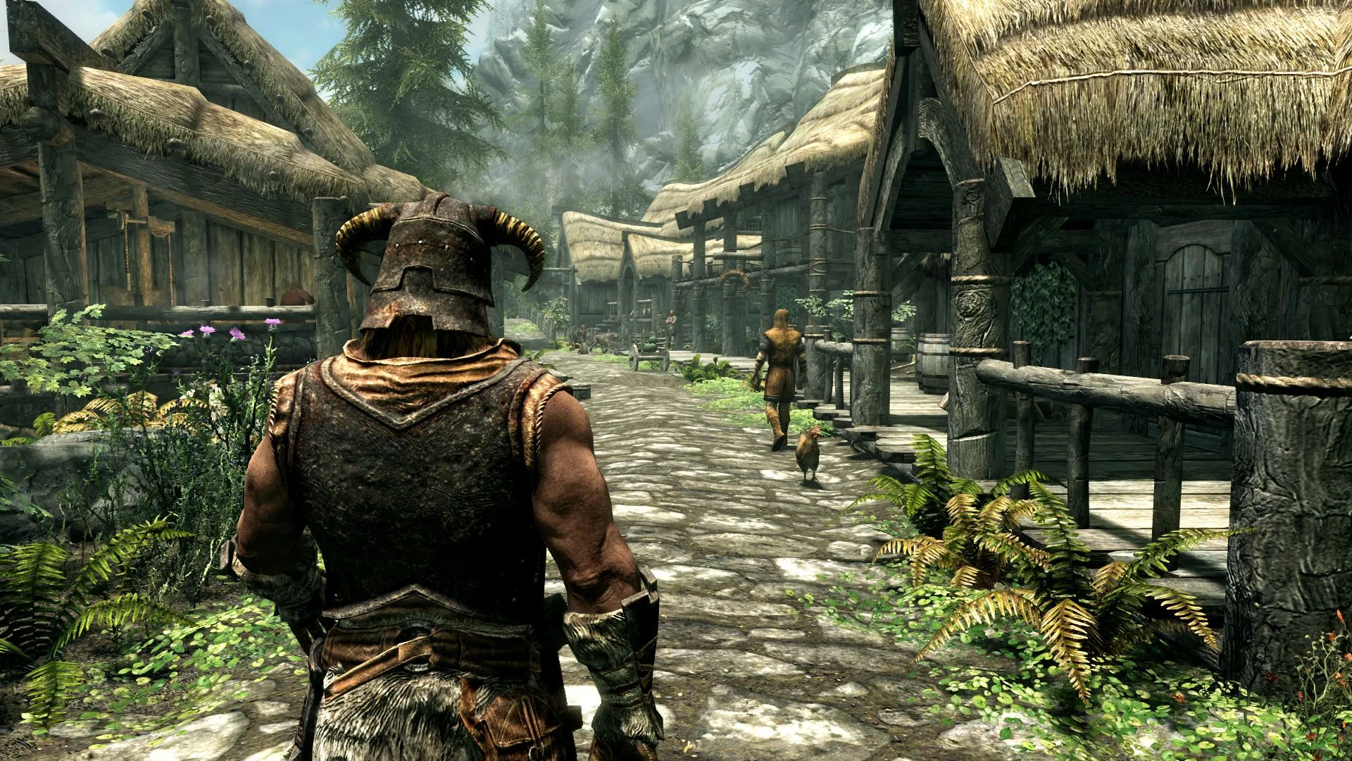 Nhân vật chính đi trên đường tại Riverwood, minh họa không gian bí ẩn của Skyrim.