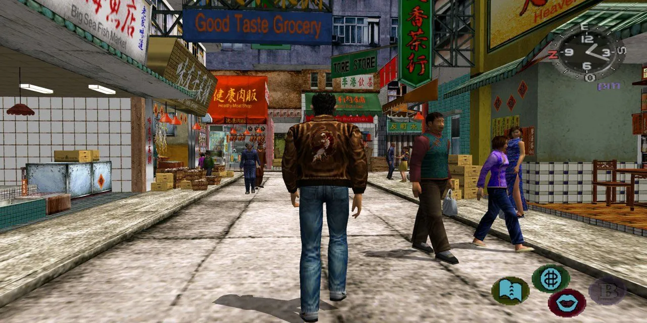Nhân vật game đang đi bộ trên đường Dobuita trong tựa game Shenmue huyền thoại