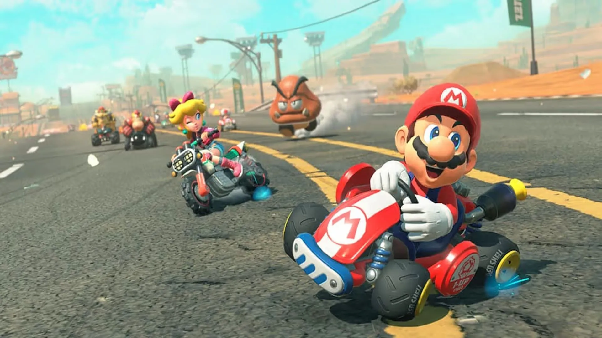 Nhân vật Mario và Công chúa Peach đang đua xe trong game Mario Kart World, minh họa sức hấp dẫn của các tựa game Nintendo