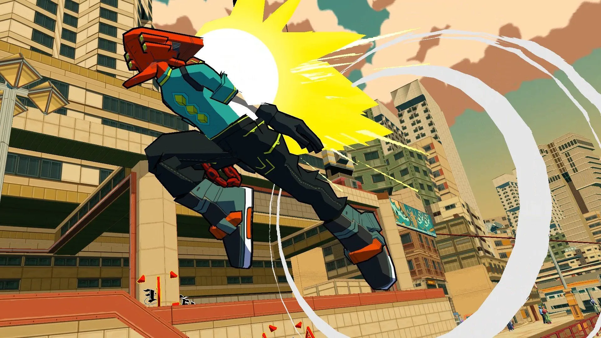 Nhân vật Red từ Bomb Rush Cyberfunk, một game kế nhiệm tinh thần thành công của series Jet Set Radio với phong cách cel-shaded.