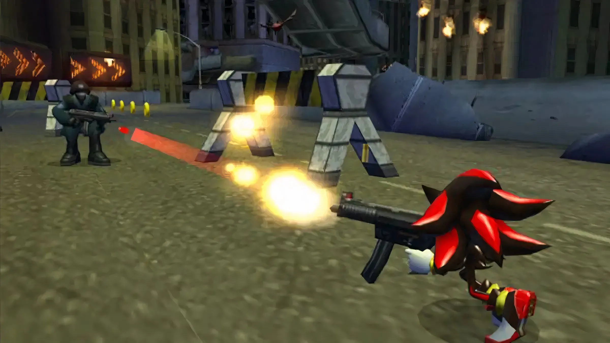 Nhân vật Shadow the Hedgehog đang bắn vào các binh lính trong tựa game Shadow the Hedgehog, thể hiện tông màu u tối và lối chơi hành động.