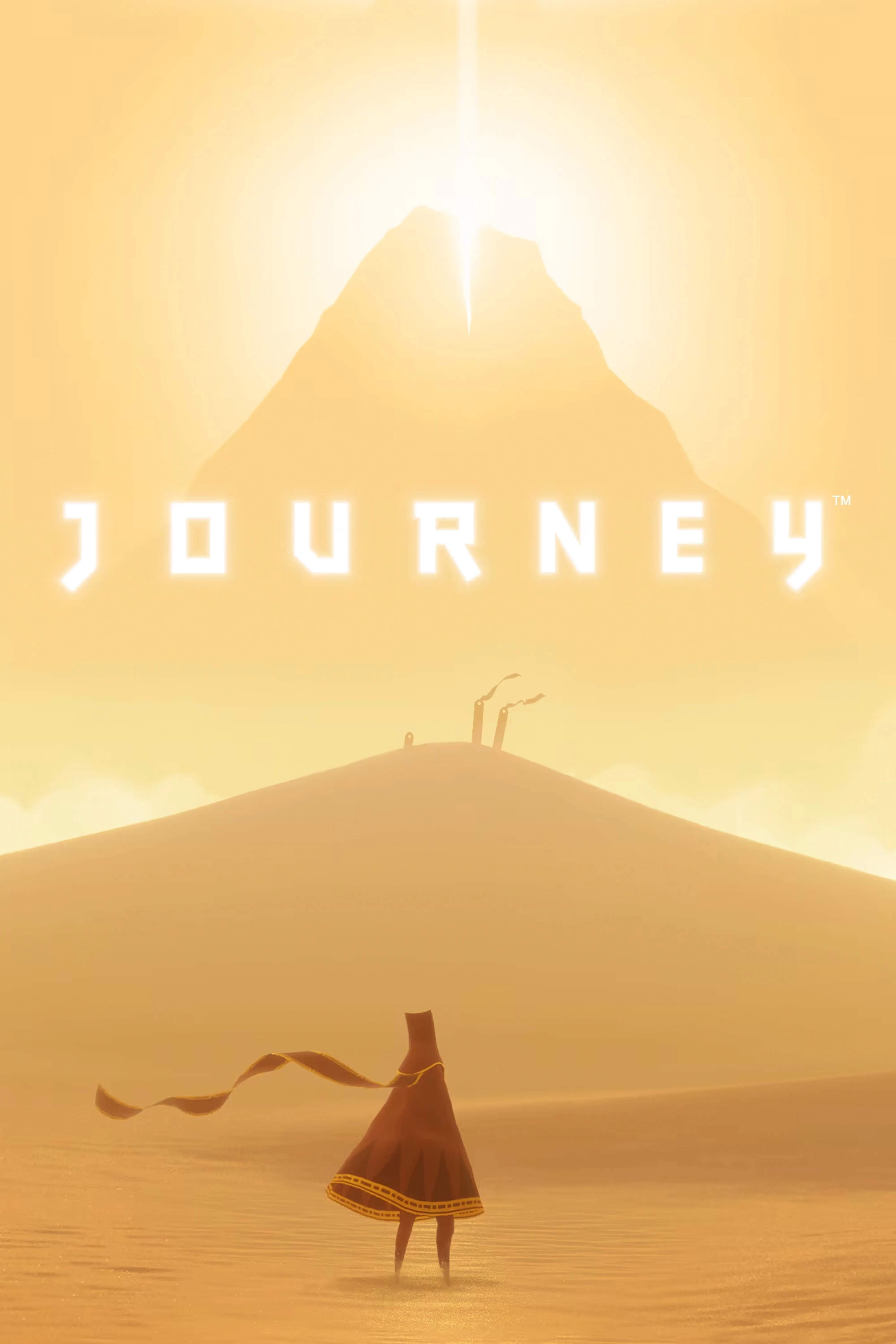 Nhân vật trong game Journey khoác áo choàng đỏ đứng trên sa mạc rộng lớn hướng về ngọn núi bí ẩn