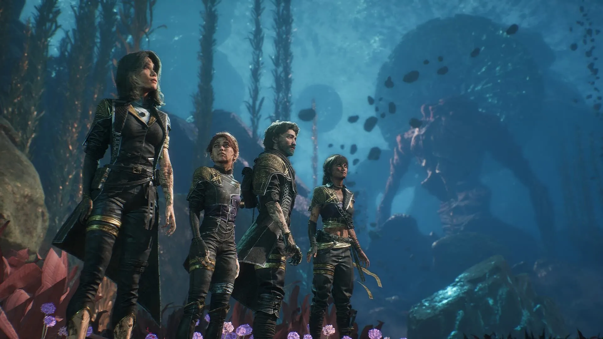 Nhóm nhân vật từ game Clair Obscur: Expedition 33 đứng cùng nhau trong một khu vực tối tăm.