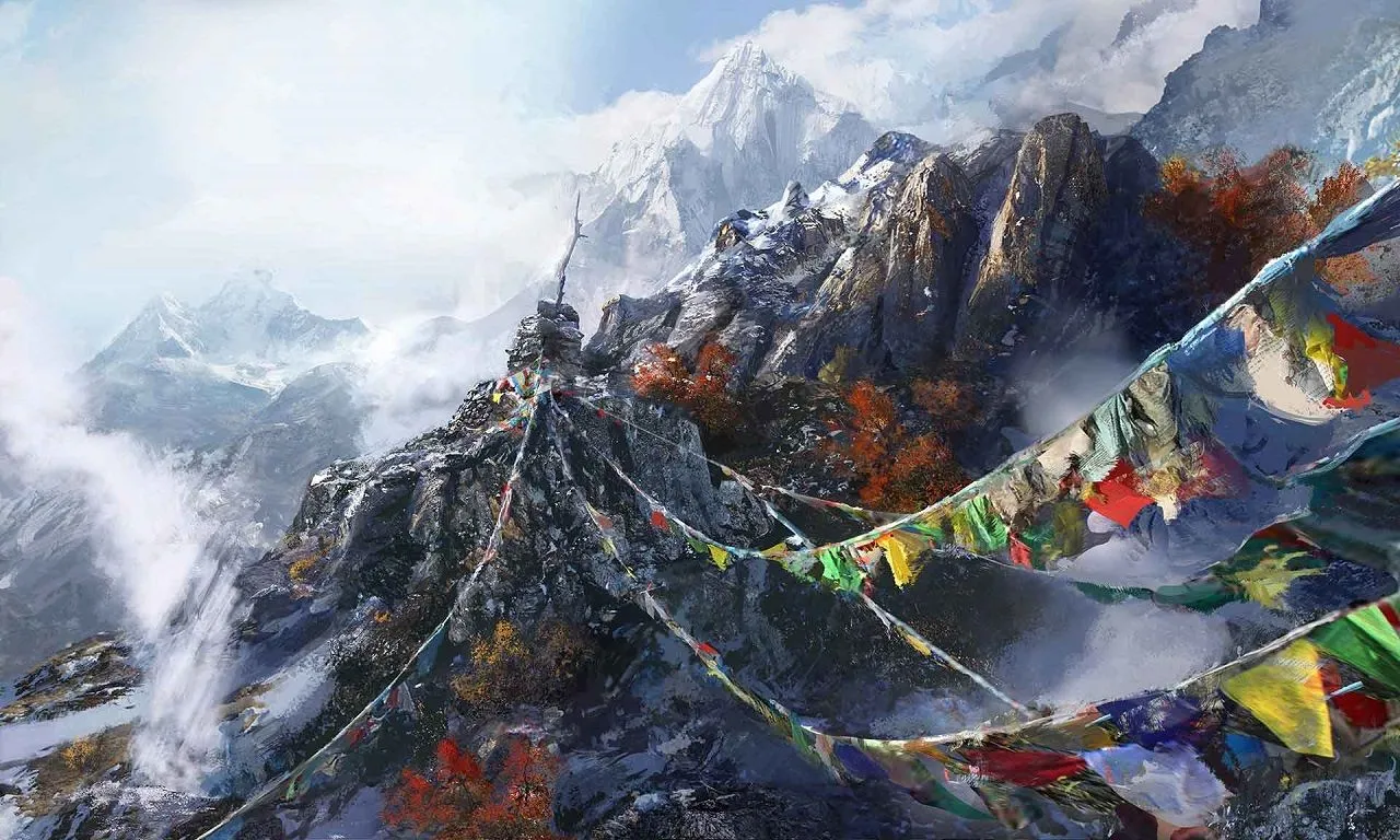 Những lá cờ cầu nguyện đầy màu sắc buộc giữa các mỏm núi hùng vĩ trong game Far Cry 4.