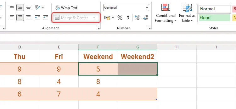 Nút Gộp và Căn giữa (Merge And Center) bị làm mờ trong Excel khi chọn các ô trong bảng định dạng, khẳng định vấn đề tương thích.