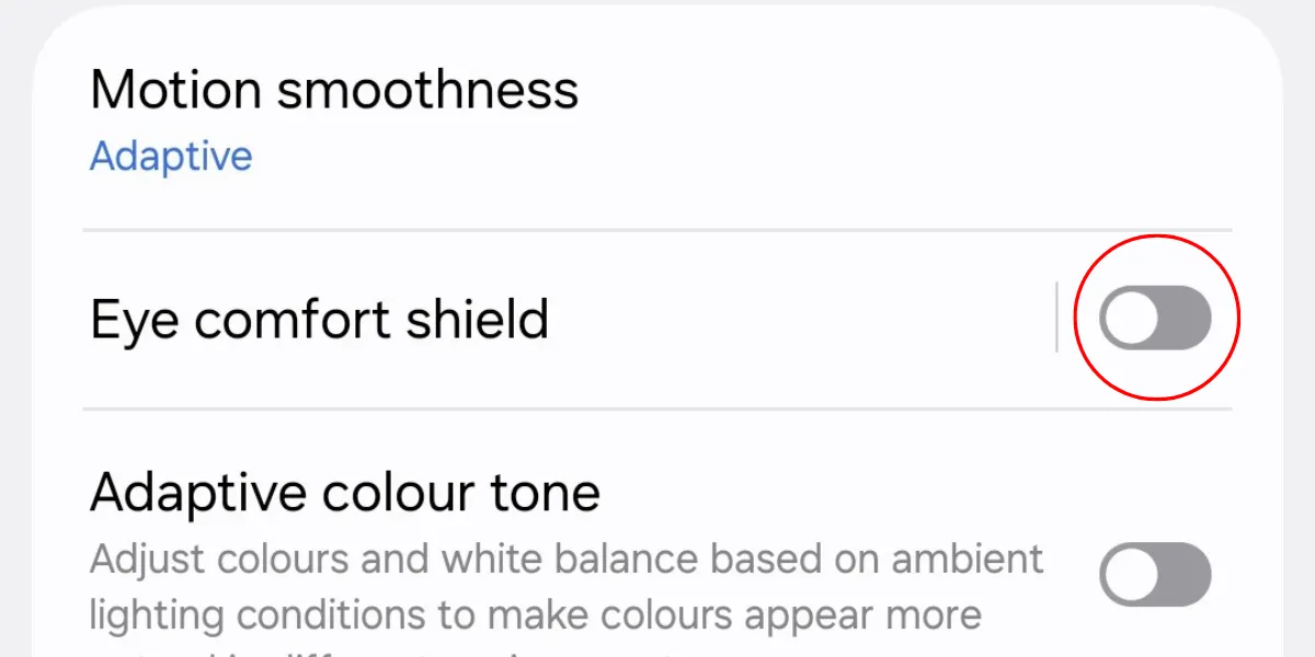 Nút kích hoạt Lá chắn tiện nghi mắt (Eye Comfort Shield) trên Galaxy S25.