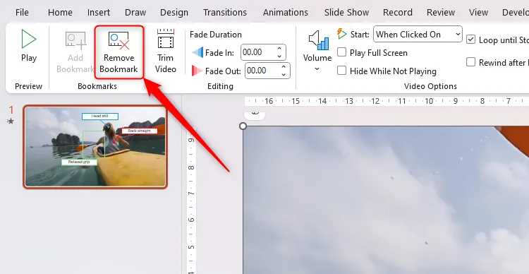 Nút Remove Bookmark trong tab Playback trên thanh Ribbon của PowerPoint