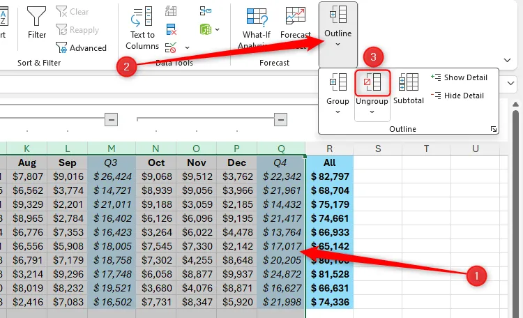 Nút &quot;Ungroup&quot; trong nhóm &quot;Outline&quot; của thẻ &quot;Data&quot; trên Excel, dùng để bỏ nhóm các cột.