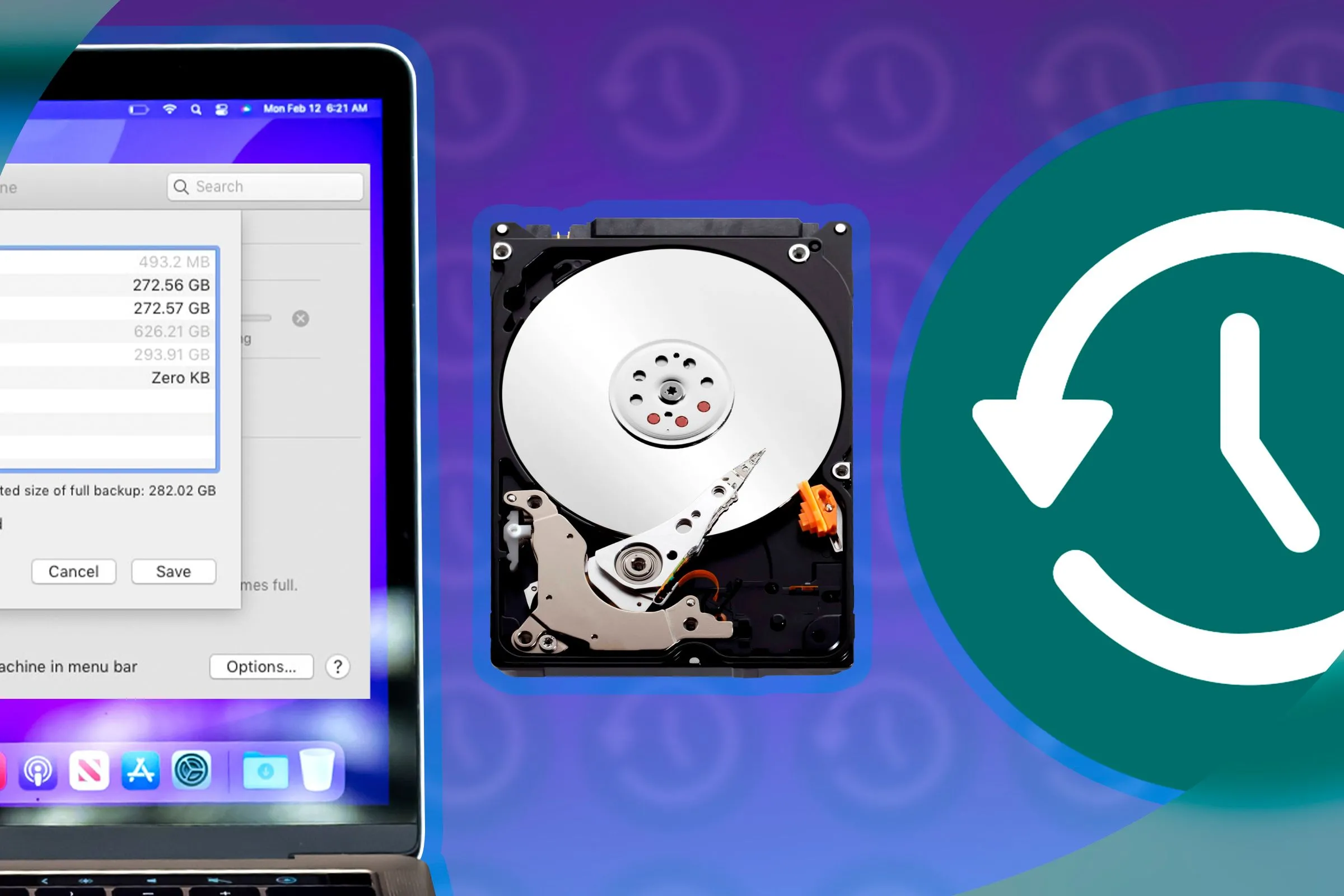 Ổ cứng ngoài được đặt cạnh MacBook, với logo Time Machine Backup tượng trưng cho việc sao lưu dữ liệu