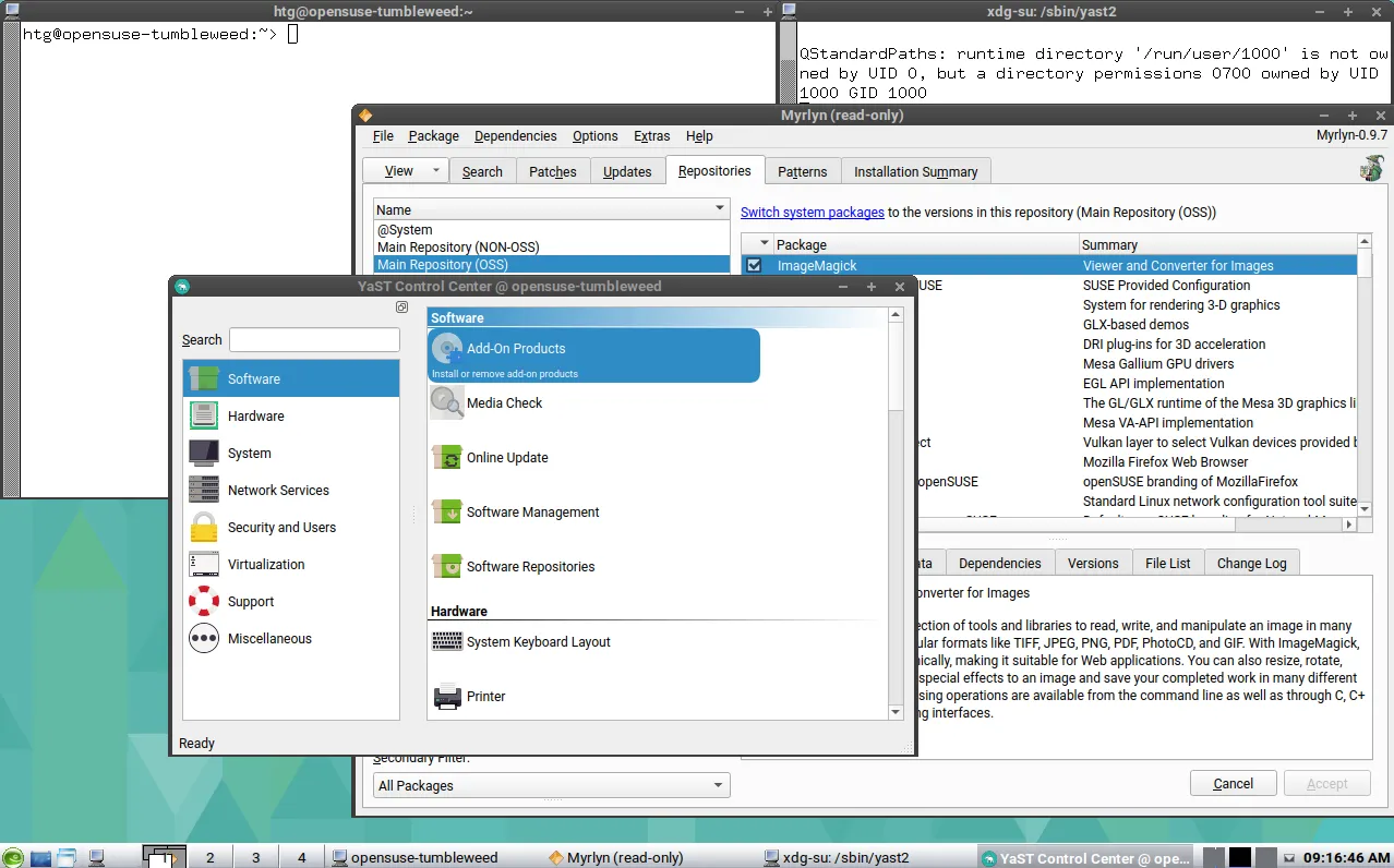 openSUSE với môi trường desktop icewm và các ứng dụng đang mở.