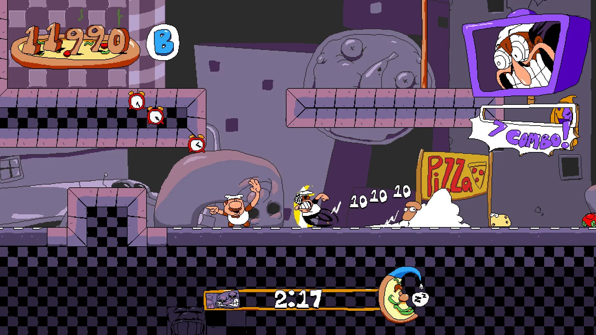 Peppino lao về phía trước trong Pizza Tower, thể hiện lối chơi nhanh và hài hước của spiritual successor Wario Land.