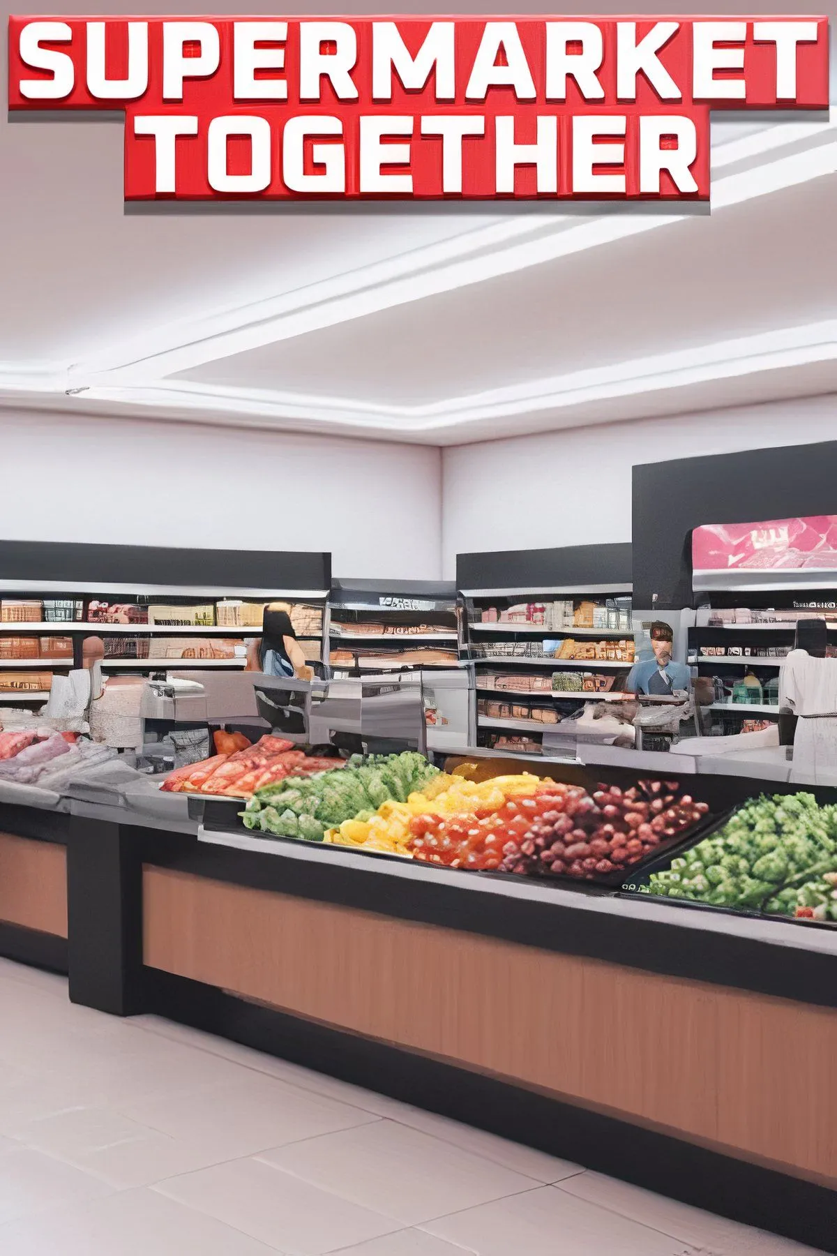 Quầy thanh toán trong game Supermarket Together với nhân viên đang phục vụ khách hàng, một game giả lập quản lý siêu thị miễn phí trên Steam
