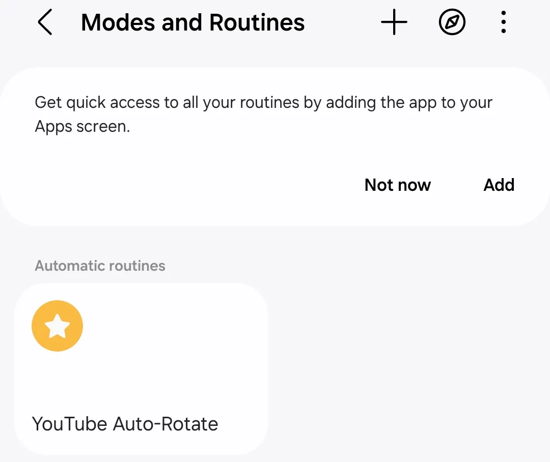 Quy trình &quot;Tự động xoay YouTube&quot; đã được lưu và hiển thị trong danh sách Modes and Routines