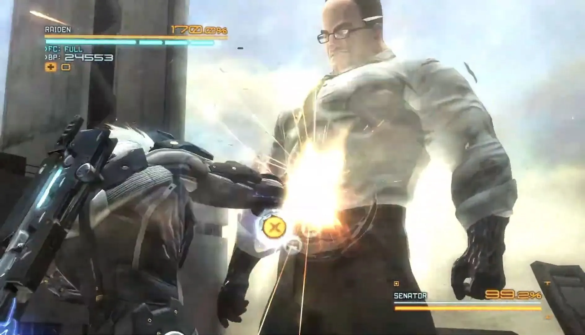 Raiden tung cú đấm mạnh mẽ vào Armstrong trong trận chiến kinh điển của Metal Gear Rising: Revengeance