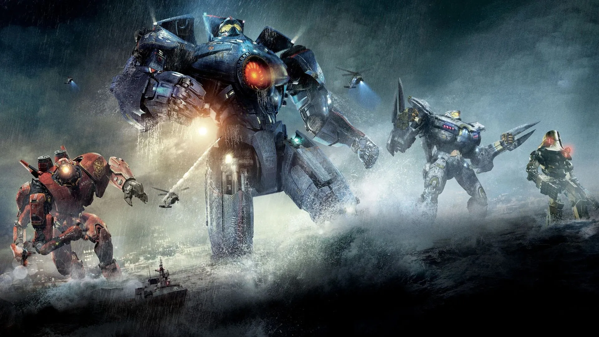 Robot Jaeger Gipsy Danger đối đầu Kaiju trong phim Pacific Rim, tượng trưng cho trận chiến Jaegers và Kaijus.