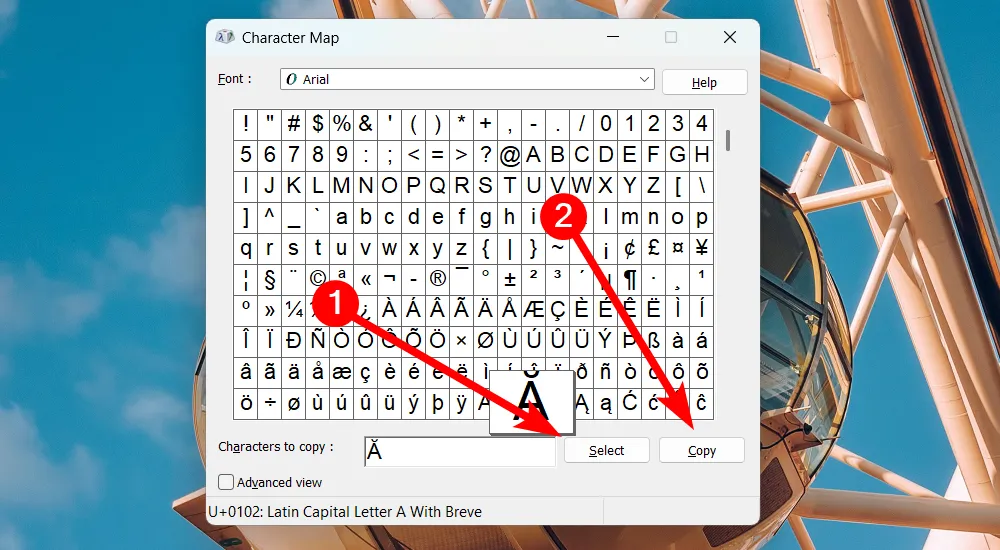 Sao chép một ký tự từ Bản đồ Ký tự vào ô &quot;Characters to Copy&quot; trên Windows 11, minh họa cách sử dụng.