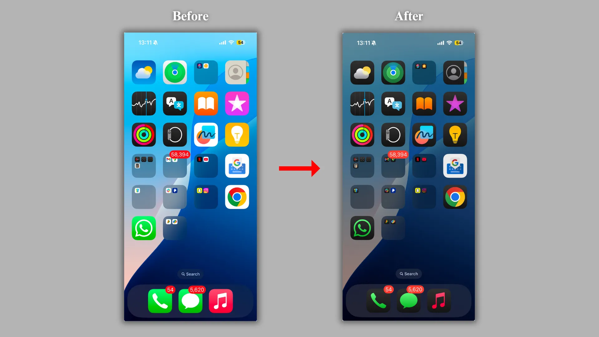 So sánh giao diện màn hình iPhone với hình nền và biểu tượng ứng dụng trước và sau khi áp dụng chế độ tối Dark Mode.