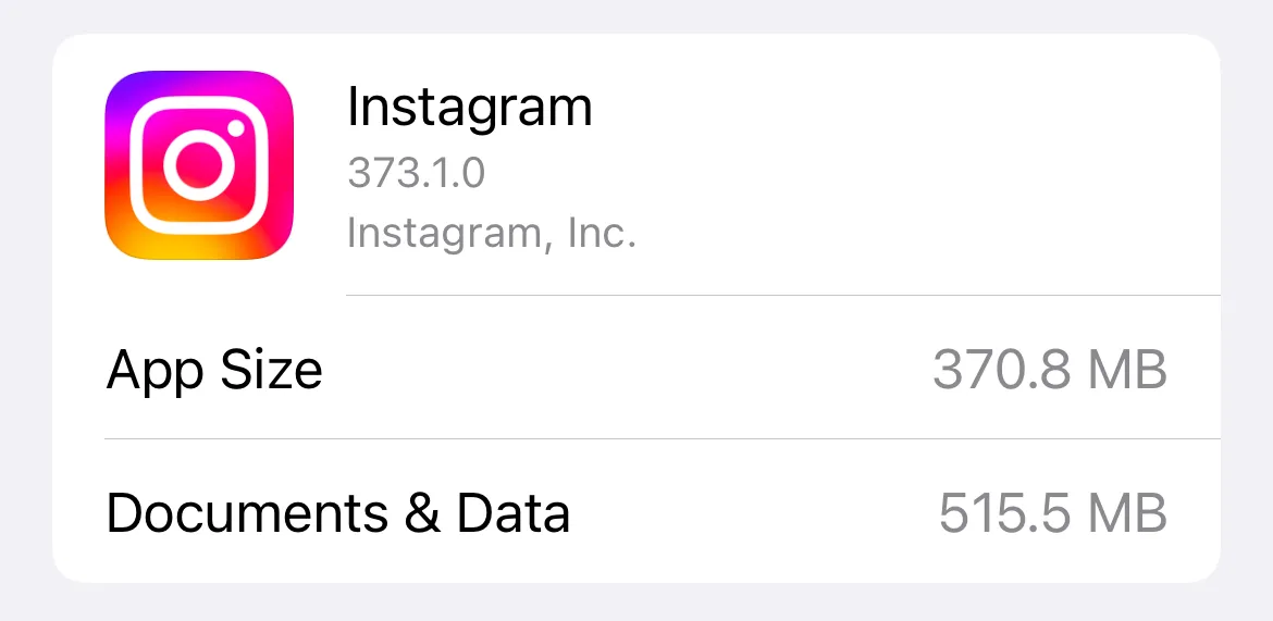 So sánh kích thước cài đặt Instagram và dung lượng dữ liệu đã lưu