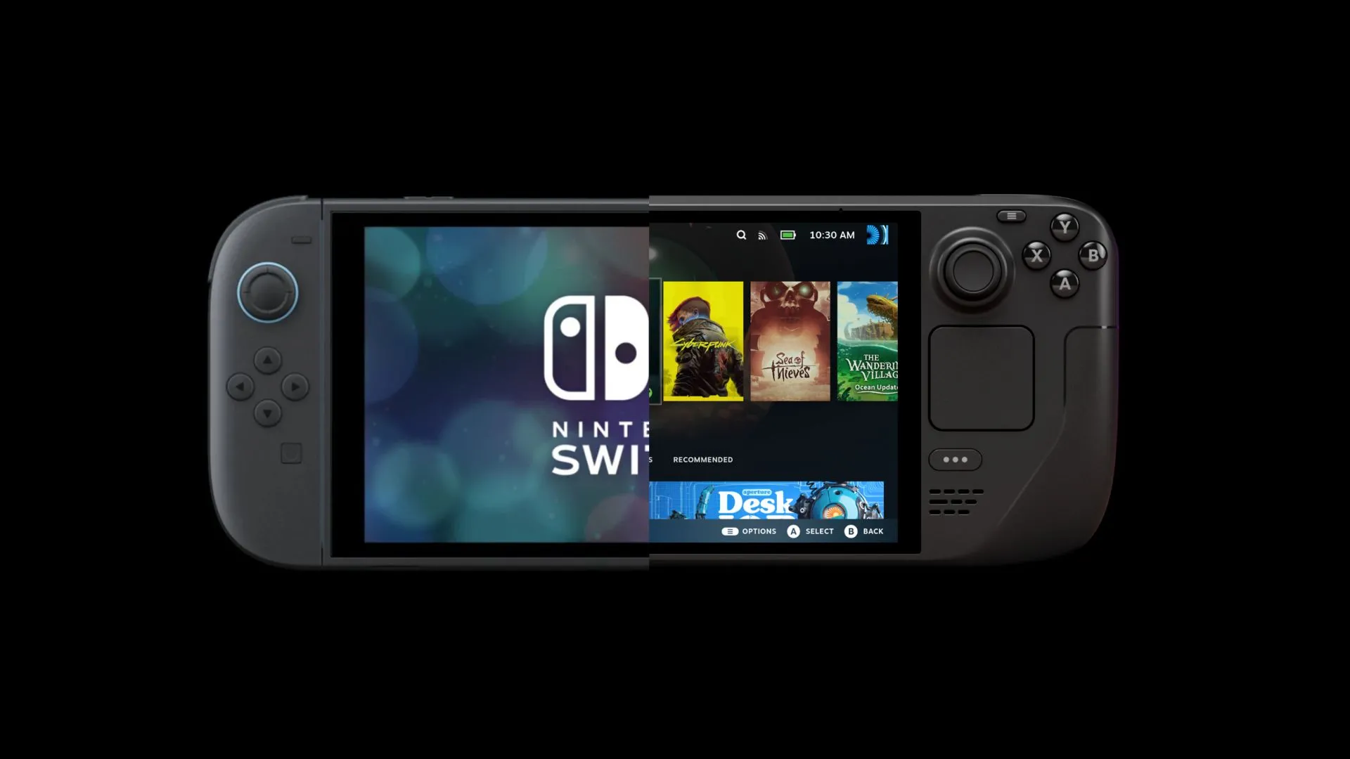 So sánh kích thước giữa Nintendo Switch OLED và Steam Deck OLED, cho thấy sự khác biệt về tính di động.