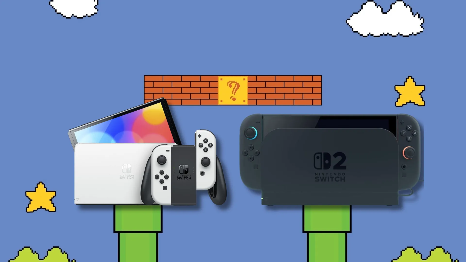 So sánh kích thước và thiết kế của Nintendo Switch OLED và Nintendo Switch 2 đặt trên nền Super Mario.