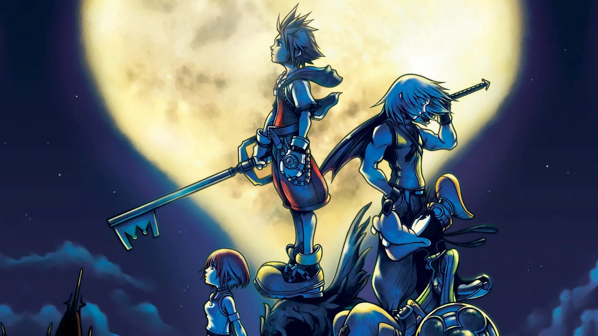 Sora, Riku, Kairi và Goofy trên bìa Kingdom Hearts, liên quan đến bí ẩn Hộp Đen.