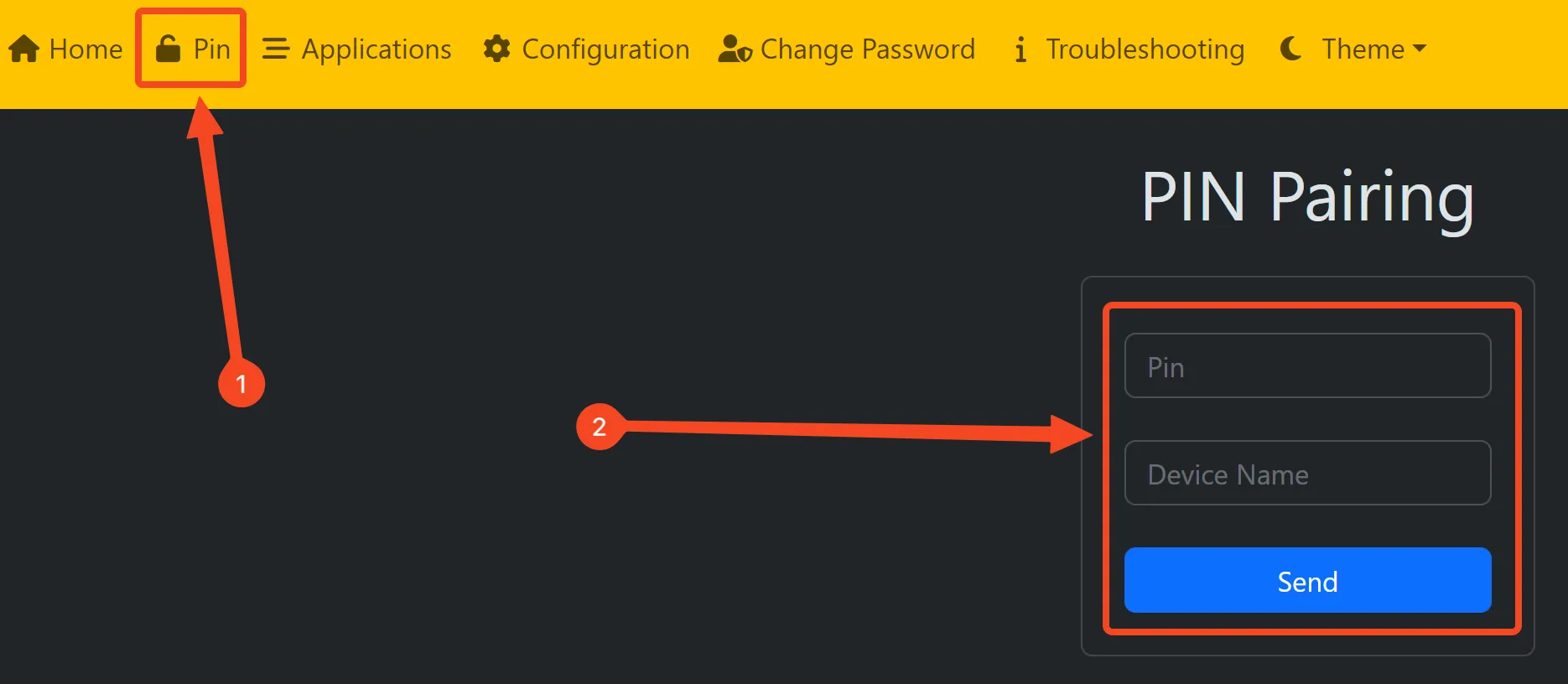 Tab ghép nối PIN giao diện web Sunshine.