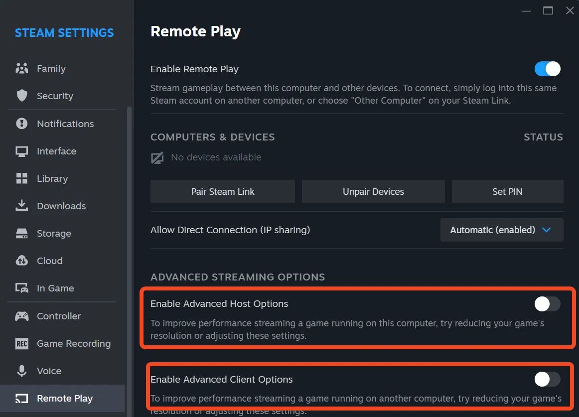 Tab Steam Remote Play cài đặt nâng cao.
