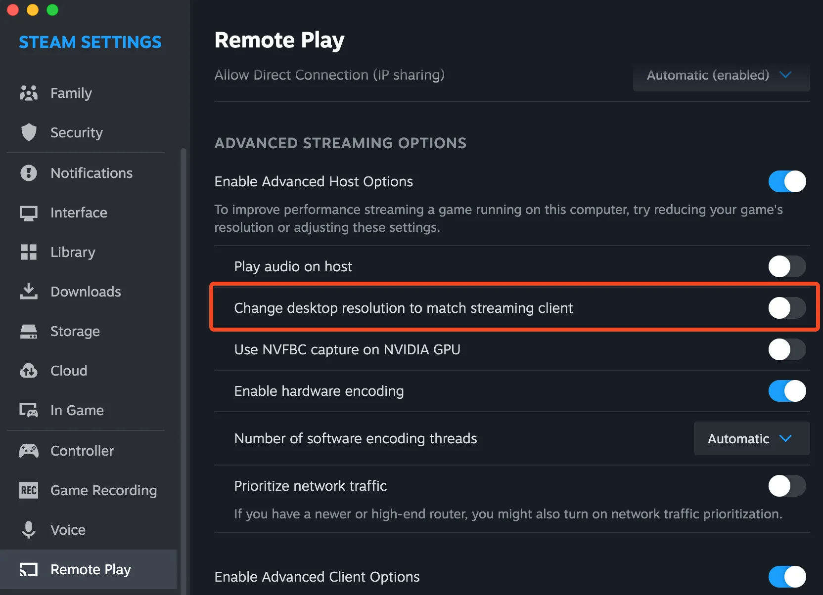 Tab tùy chọn Steam Remote Play với cài đặt thay đổi độ phân giải.