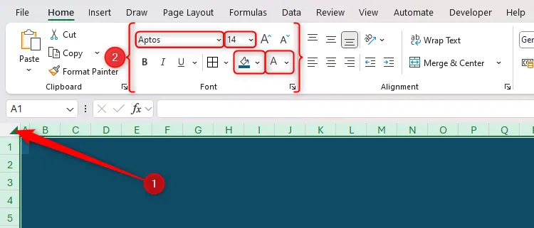 Tất cả các ô được chọn trong workbook Excel, thiết lập phông chữ, cỡ chữ, màu nền và màu chữ