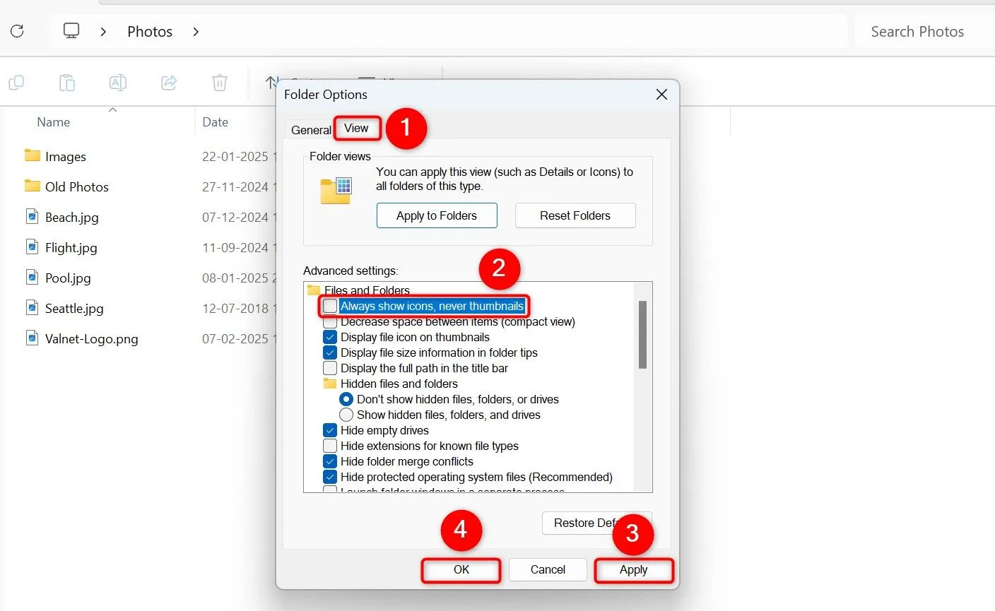 Tắt tùy chọn &quot;Always Show Icons, Never Thumbnails&quot; trong Folder Options để hiển thị hình ảnh thu nhỏ của tệp