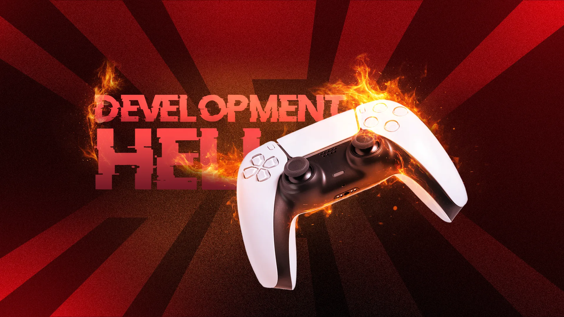 Tay cầm chơi game bốc cháy với chữ &quot;Development Hell&quot; bên cạnh