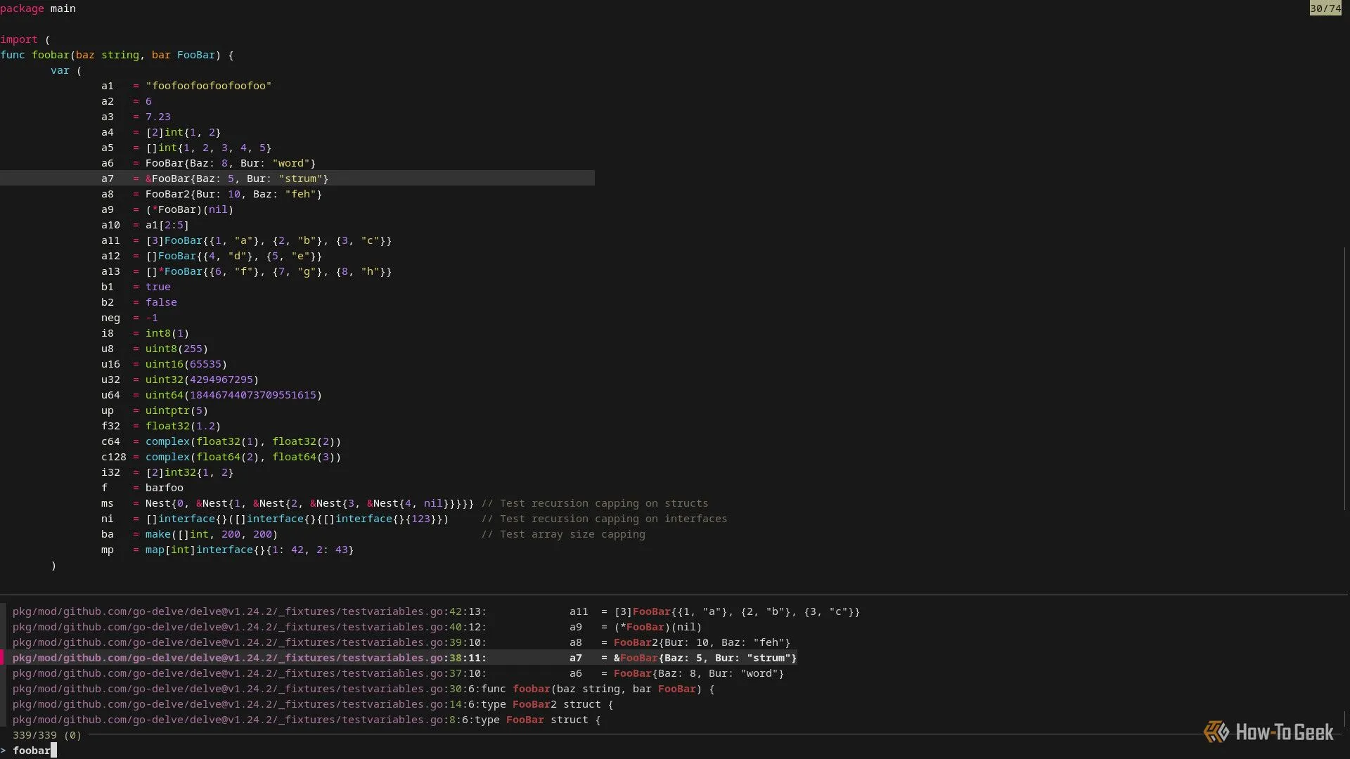 Terminal Linux chia đôi màn hình, phần trên hiển thị mã nguồn với tô màu cú pháp từ bat, phần dưới là danh sách file tìm được bởi fzf và ripgrep.