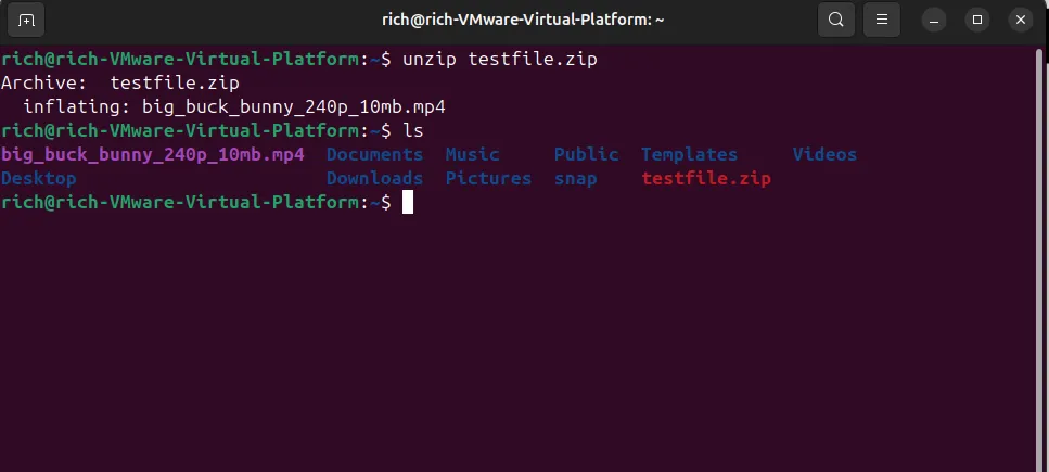 Terminal Linux hiển thị lệnh unzip testfile.zip giải nén file video và liệt kê file MP4 cùng file ZIP gốc.