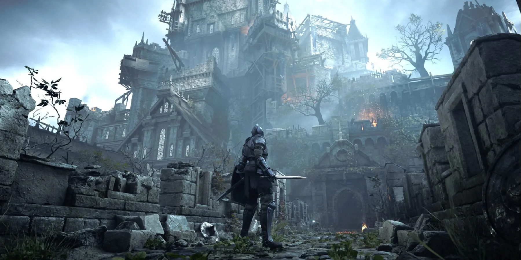 Thành Boletaria hùng vĩ trong Demon's Souls phiên bản PlayStation 5, thể hiện đồ họa vượt trội so với bản gốc
