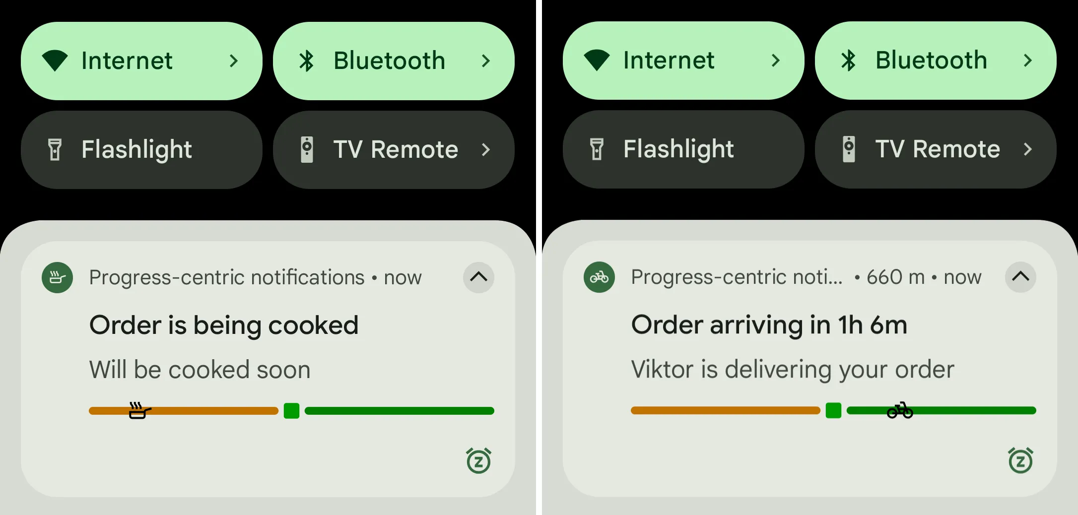 Thanh tiến trình thông báo trực tiếp hiển thị tiến độ giao đồ ăn trên Android 16