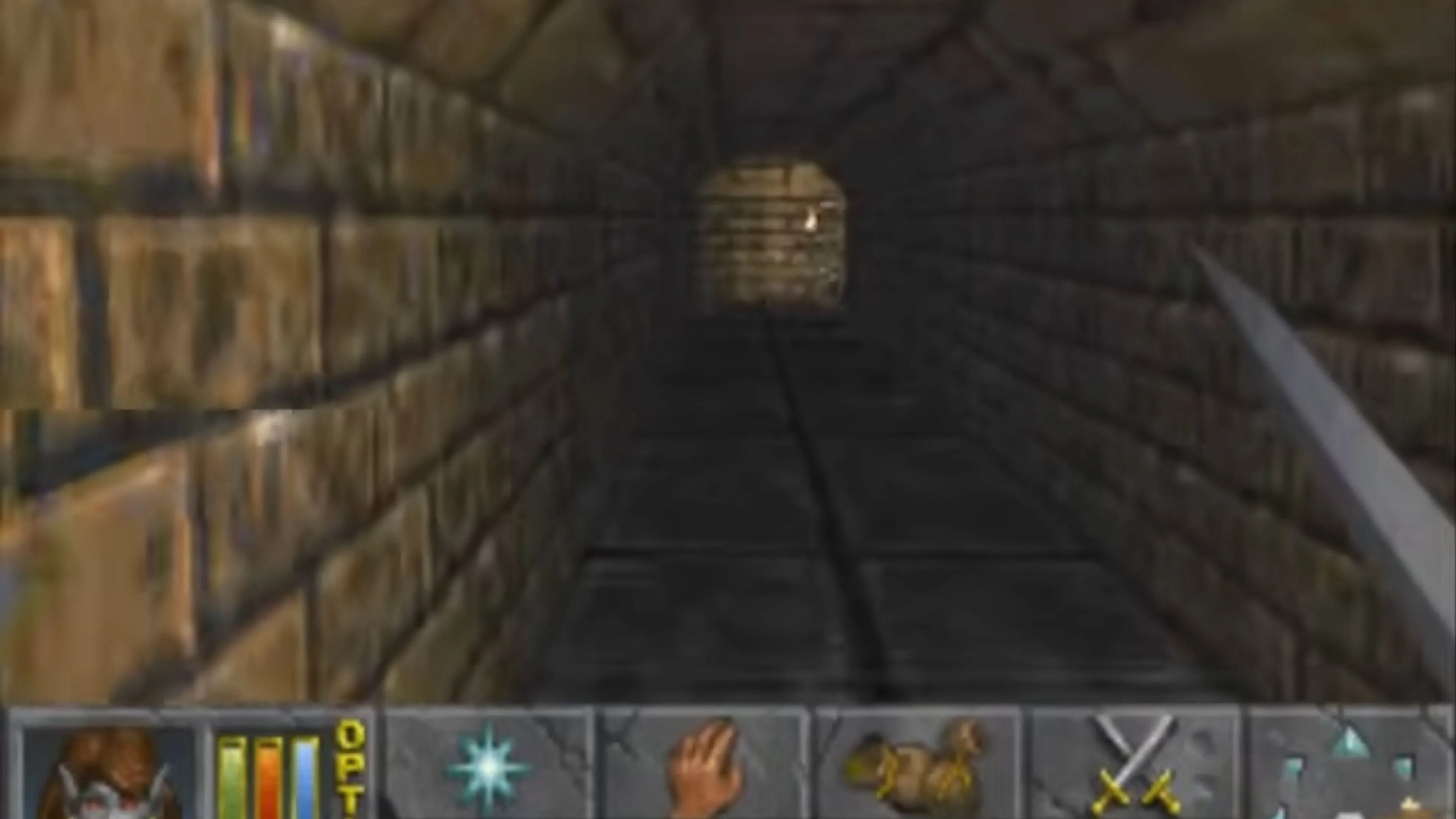 The Elder Scrolls II: Daggerfall - Một cảnh chiến đấu trong hầm ngục u tối với đồ họa cổ điển của game nhập vai PC.