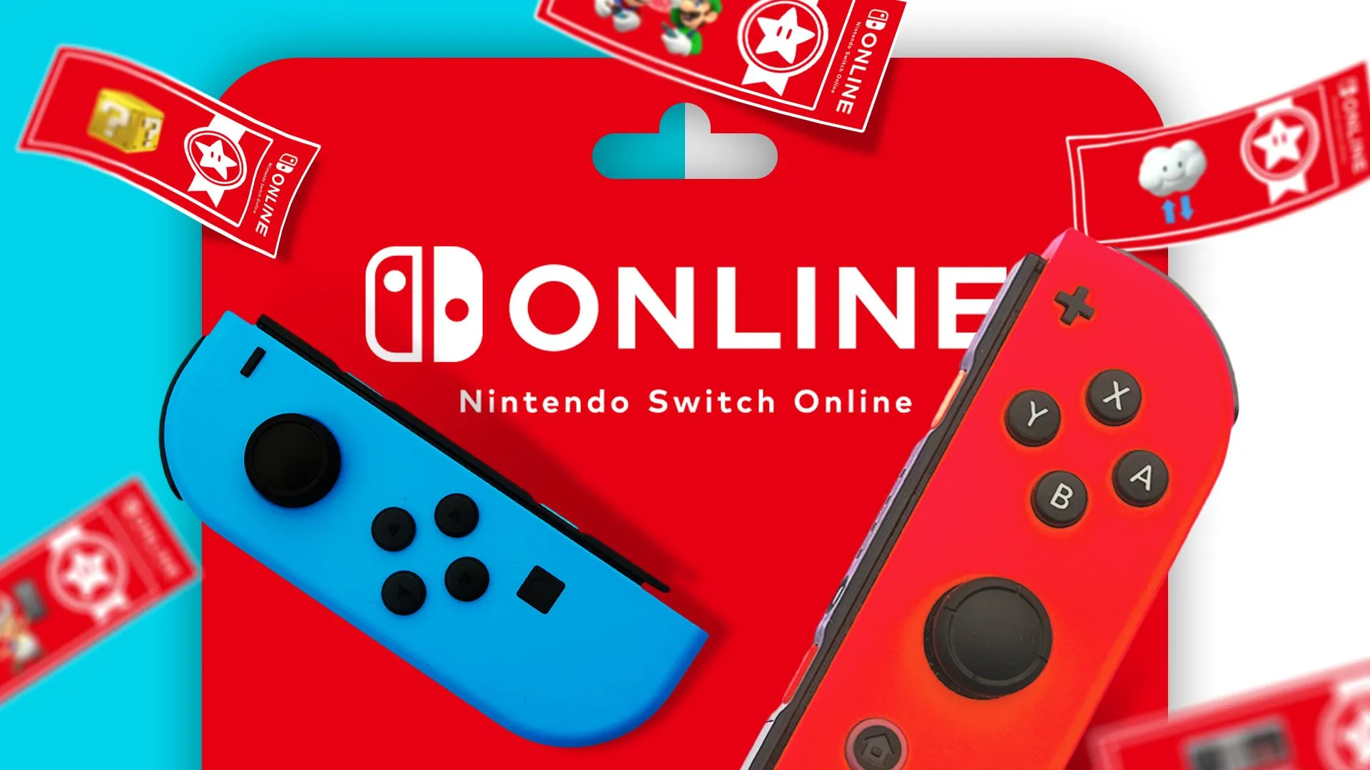 Thẻ quà tặng Nintendo Switch Online và phiếu giảm giá game, bên cạnh hai tay cầm Joy-Con.