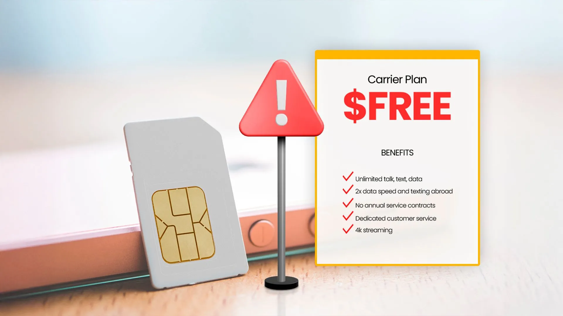 Thẻ SIM, điện thoại và kế hoạch dịch vụ viễn thông cùng dấu hiệu cảnh báo, thể hiện sự thận trọng với các điều khoản ưu đãi nhà mạng