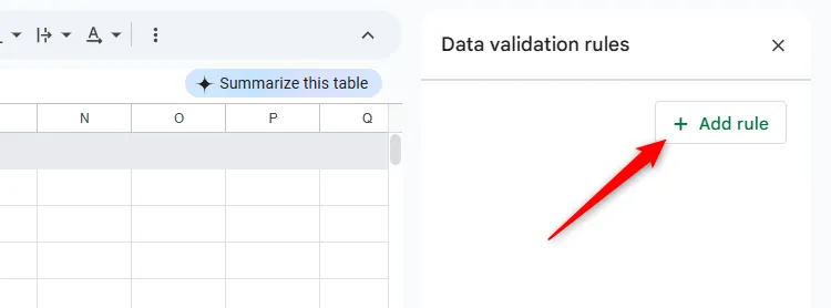 Thêm Quy tắc được chọn trong bảng Quy tắc xác thực dữ liệu của Google Sheets.